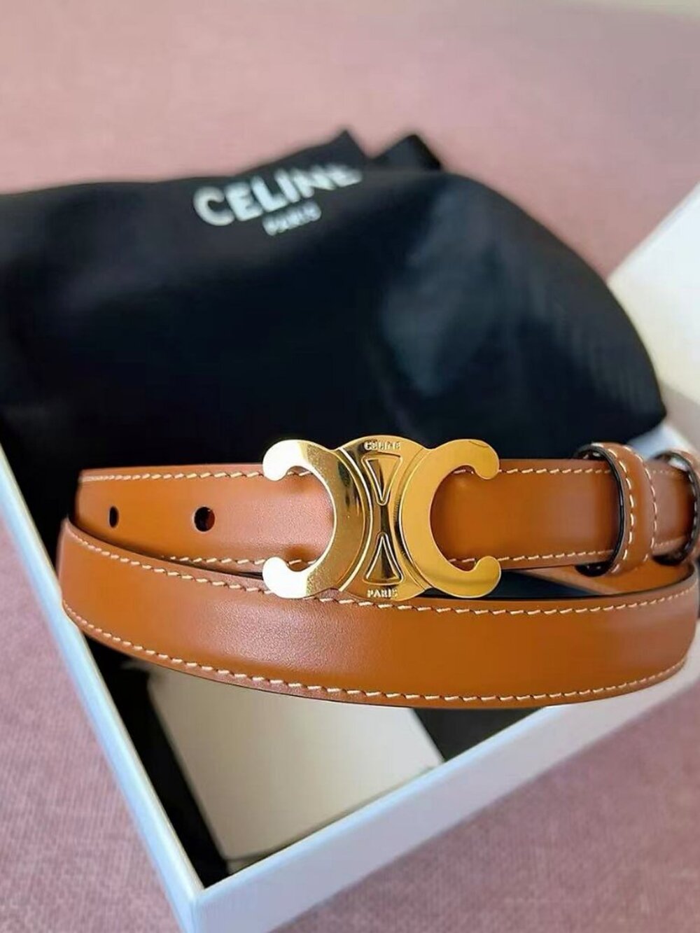 Celine Tan Leather Gold Triomphe Buckle Skinny Belt